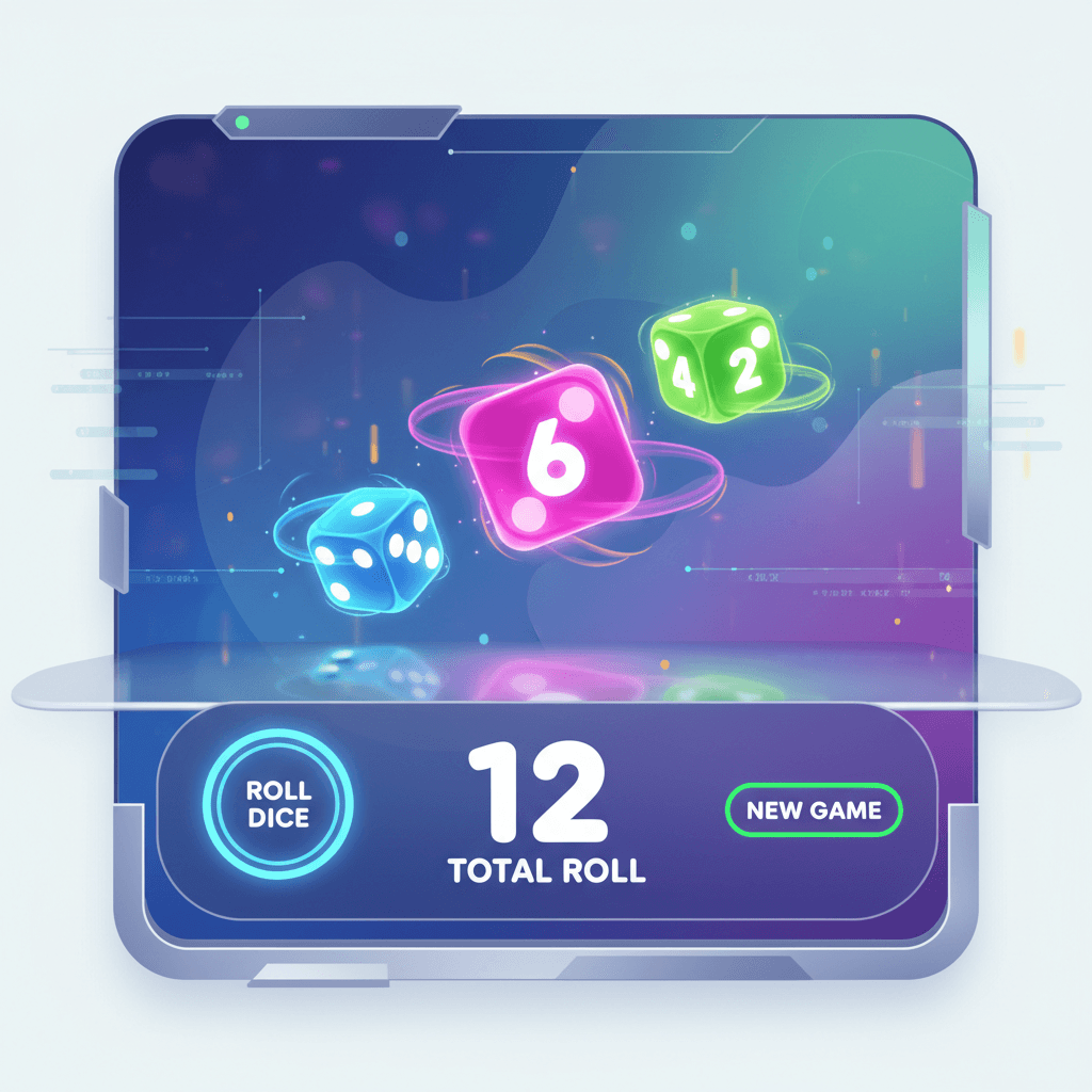 Futuristic dice game widget with rolling dice on a sleek interface