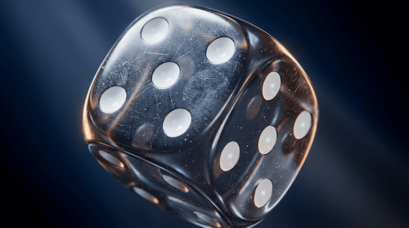 Translucent gaming die on dark surface