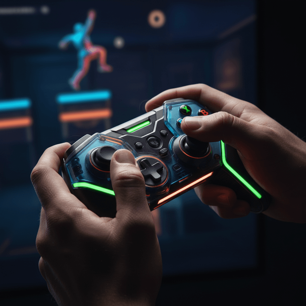 Game controller with neon glowing buttons in a dark futuristic setting